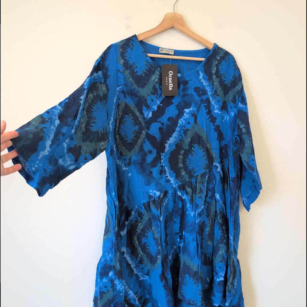 Ornella Paris 100% Pure‎ Linen Dress Medium Blue Made in Italy Artsy Art to Wear - Picture 4 of 9